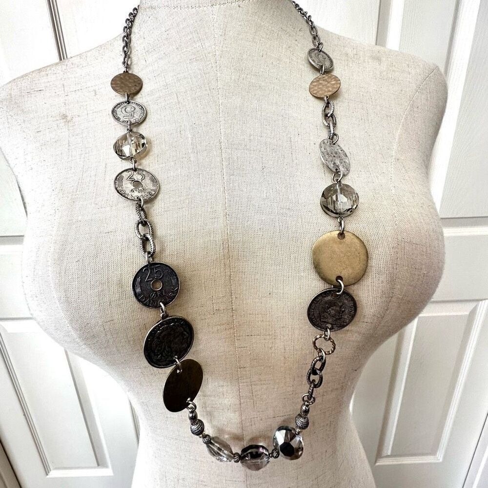 Chico's stamped coin and crystal long necklace